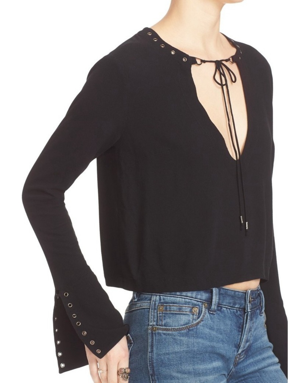 Free People Black Grommet Tie-Front V-Neck Blouse